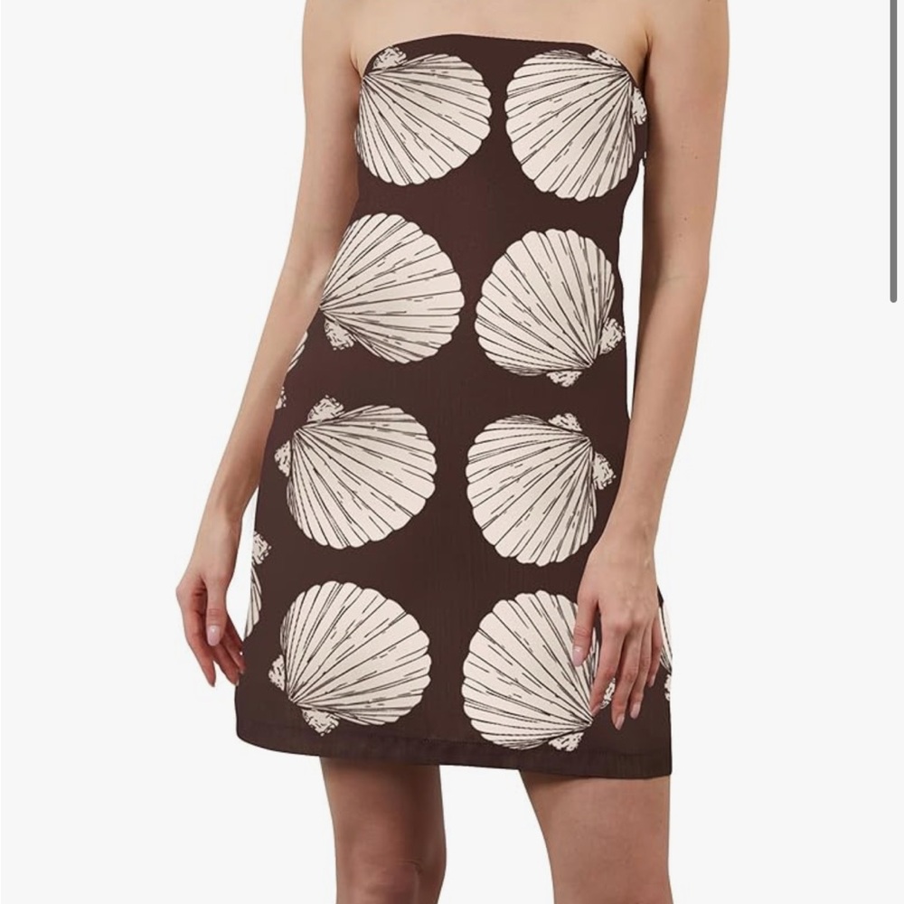 Brown Strapless Summer Shell Print Mini Dress
